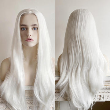 White Lace Front Wig For Women Long Straight Widows Peak Hairline Slicked Hair Realistic Wig 22 Inches Cosplay